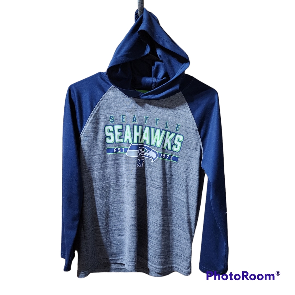 100% poly thin long sleeve hooded hoodie sweatshirt seattle seahawks NFL Kids L